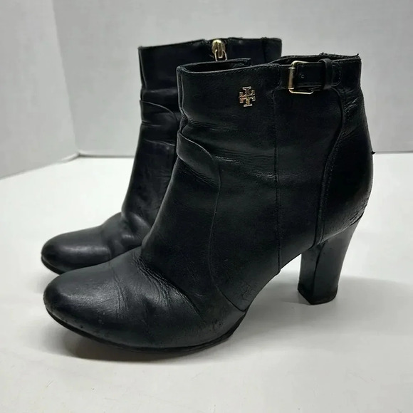 Tory Burch Milan Ankle Boots Block High Heel Booties Leather Black Gold  7.5 - Picture 2 of 11